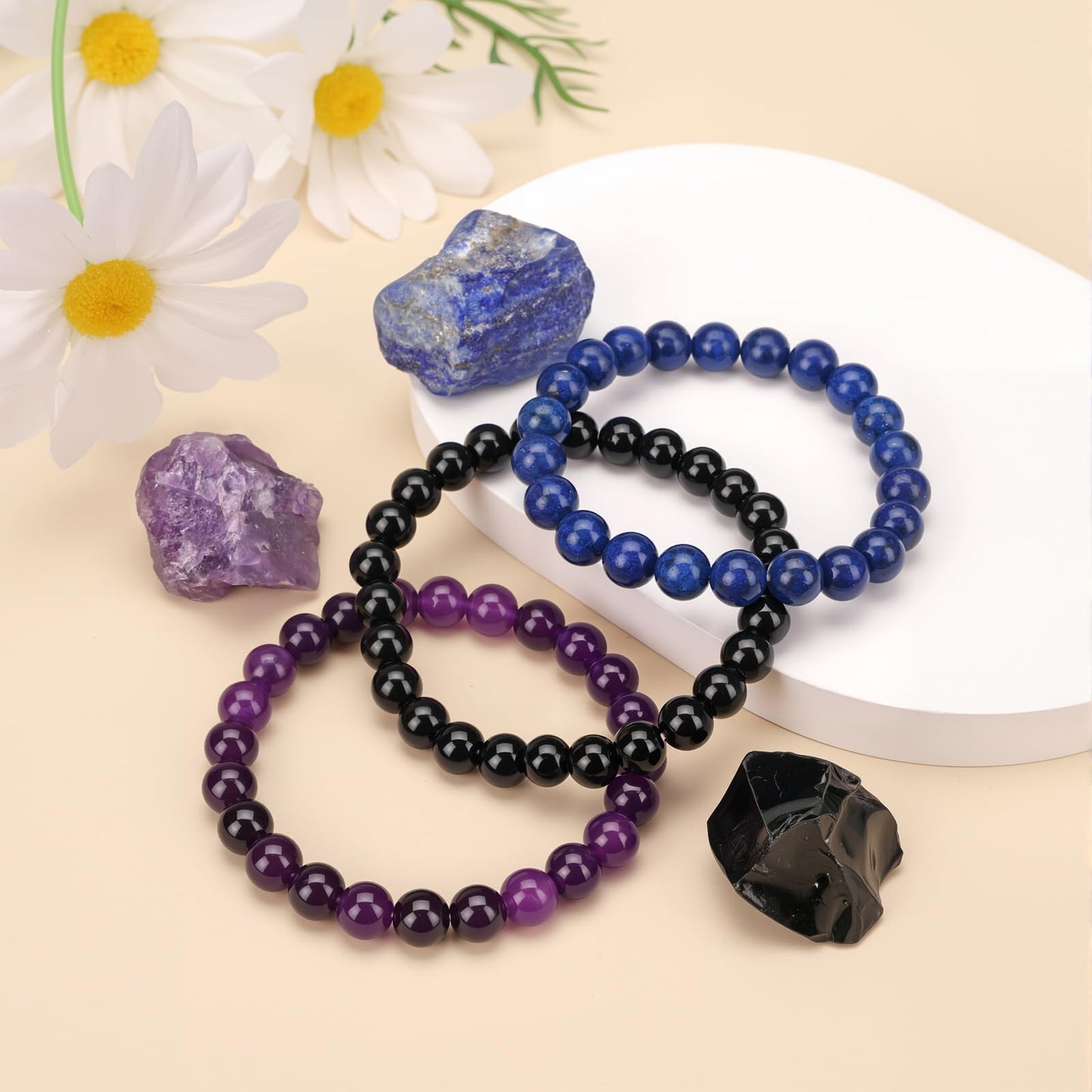 Pendlixy 3PCS Healing Crystal Bracelets for Women Men 8mm Amethyst Lapis Lazuli Obsidian Natural Stone Beaded Stretch Bracelet Handmade Gemstone Reiki Spiritual Jewelry Gifts