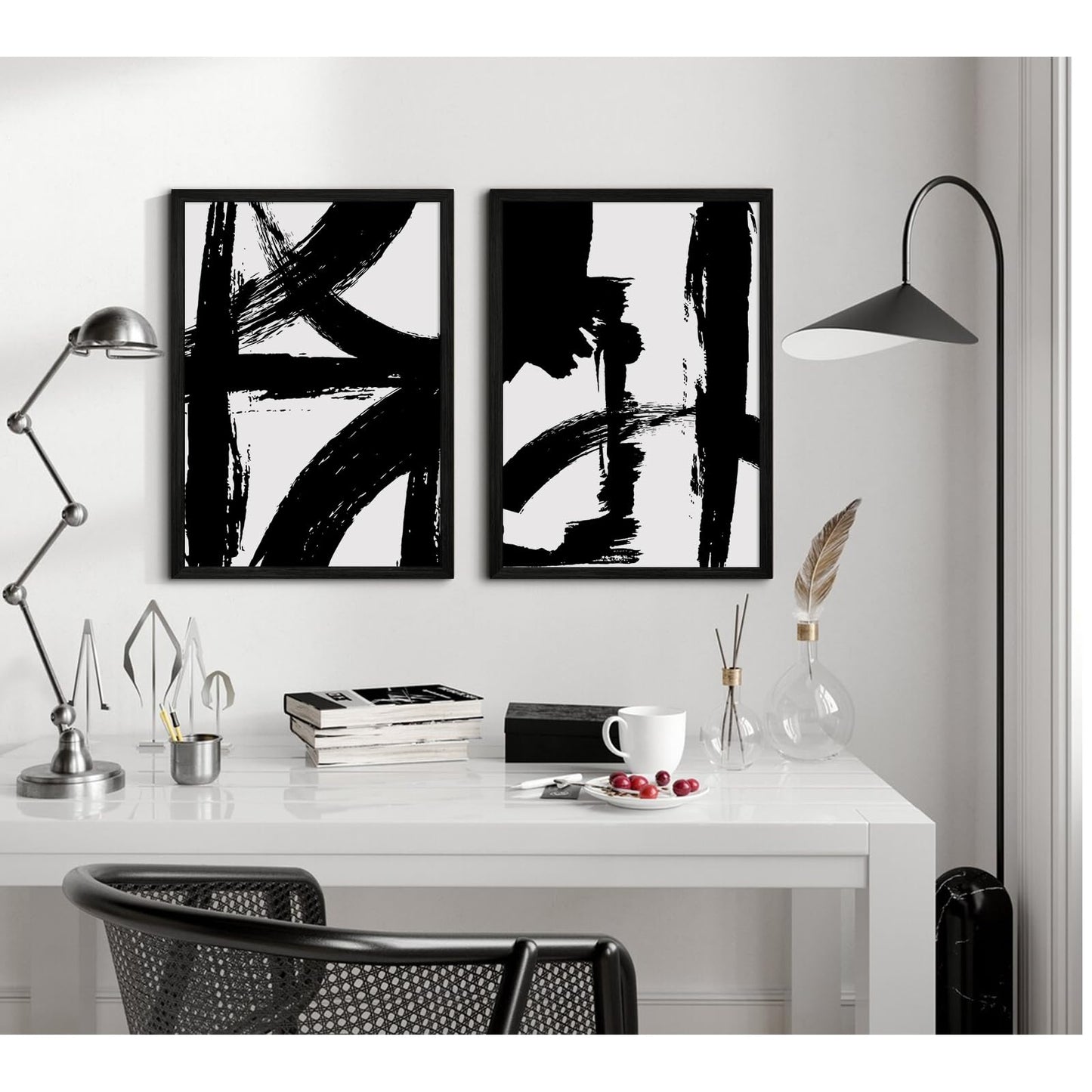 Black and White Wall Art Abstract Modern Painting Minimalist Line Canvas Wall Art Decor Black And White Poster Abstract Artwork Prints for Living Room Bedroom 16x24 Inch Wood Framed Set of 2