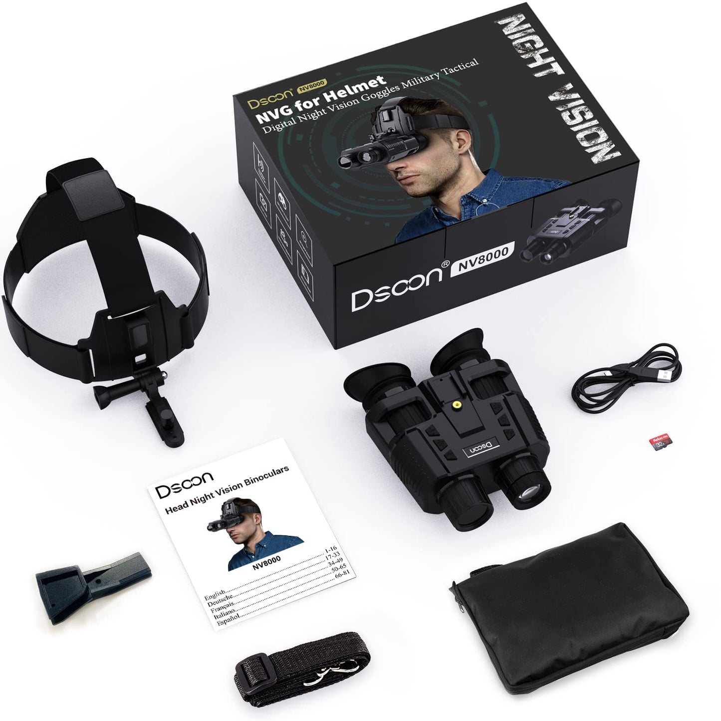 4K Night Vision Goggles,Head-Mounted Night Vision Binoculars with 8X Digital Zoom, Rechargeable Infrared Goggles with Screen for Viewing 984ft in 100% Darkness FHD Video for Adult（64GB TF）
