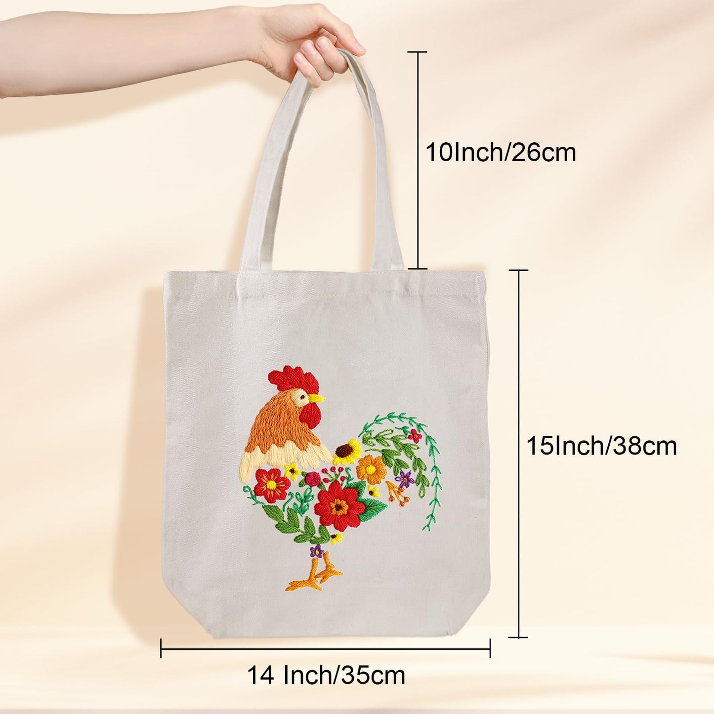 Louise Maelys Embroidery Kit Canvas Tote Bag for Beginners,Cross Stitch Kits for Adults,DIY Needlepoint Include Rooster and Flower Pattern,Women Shopping Reusable Grocery Bags