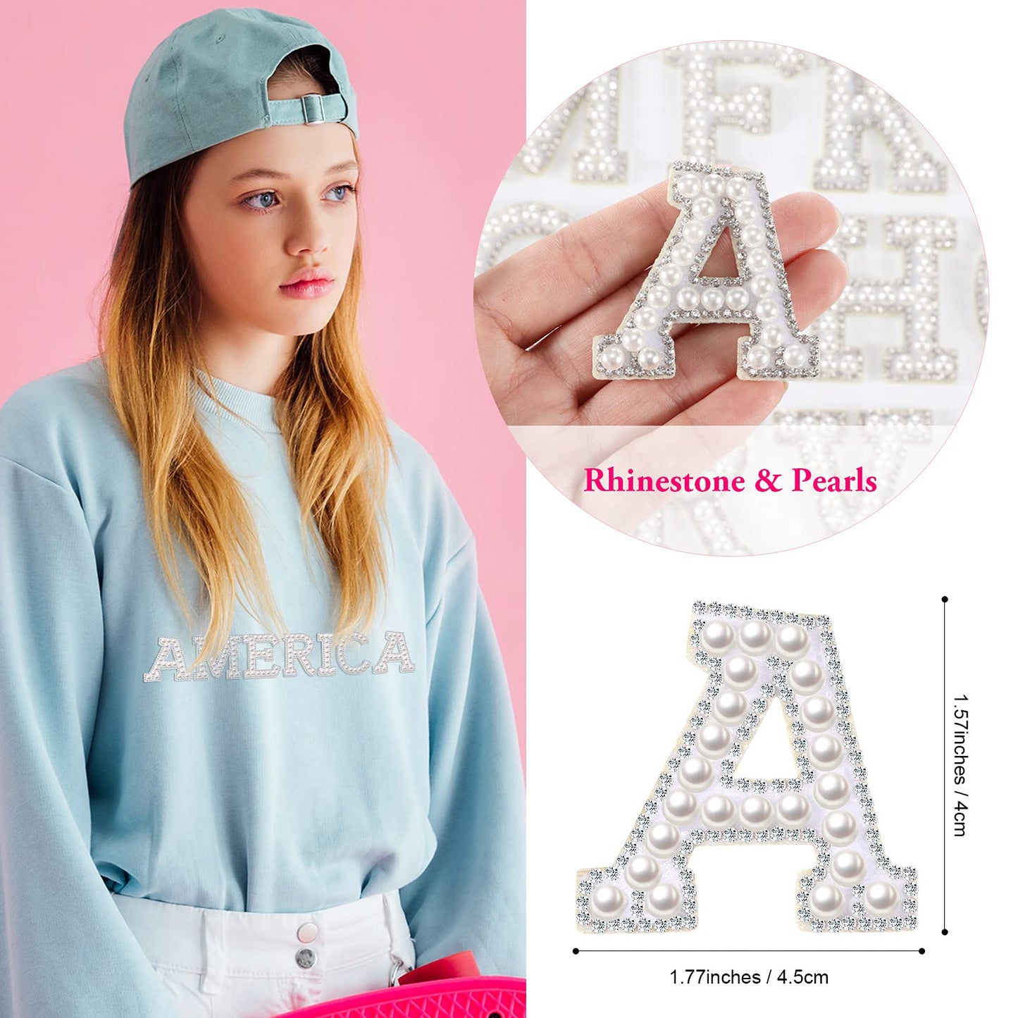 Waydress 26 Piece Rhinestone Iron on Patch A to Z Letter Appliques Adhesive White Pink Colorful Pearl Bling Patch Glitter Alphabet Embellishments for DIY Craft Supplies(Solid White)