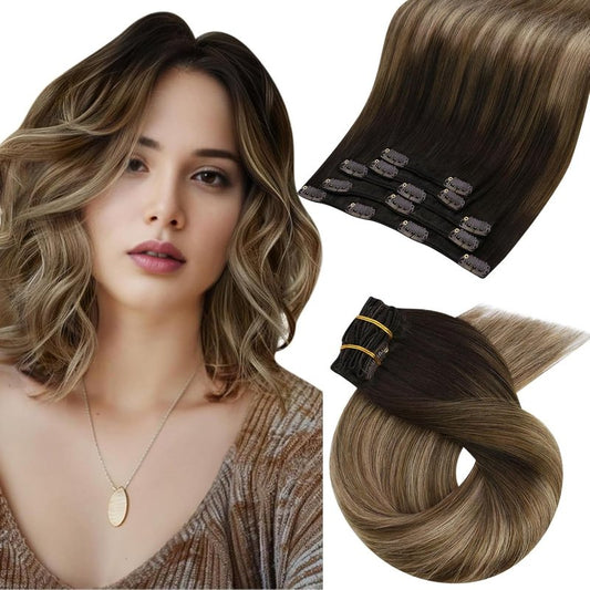 Moresoo Clip in Hair Extensions Real Human Hair Balayage Human Hair Clip in Extensions Ombre Dark Brown to Golden Brown With Blonde Hair Extensions Clip ins 12inch 80g 5pcs