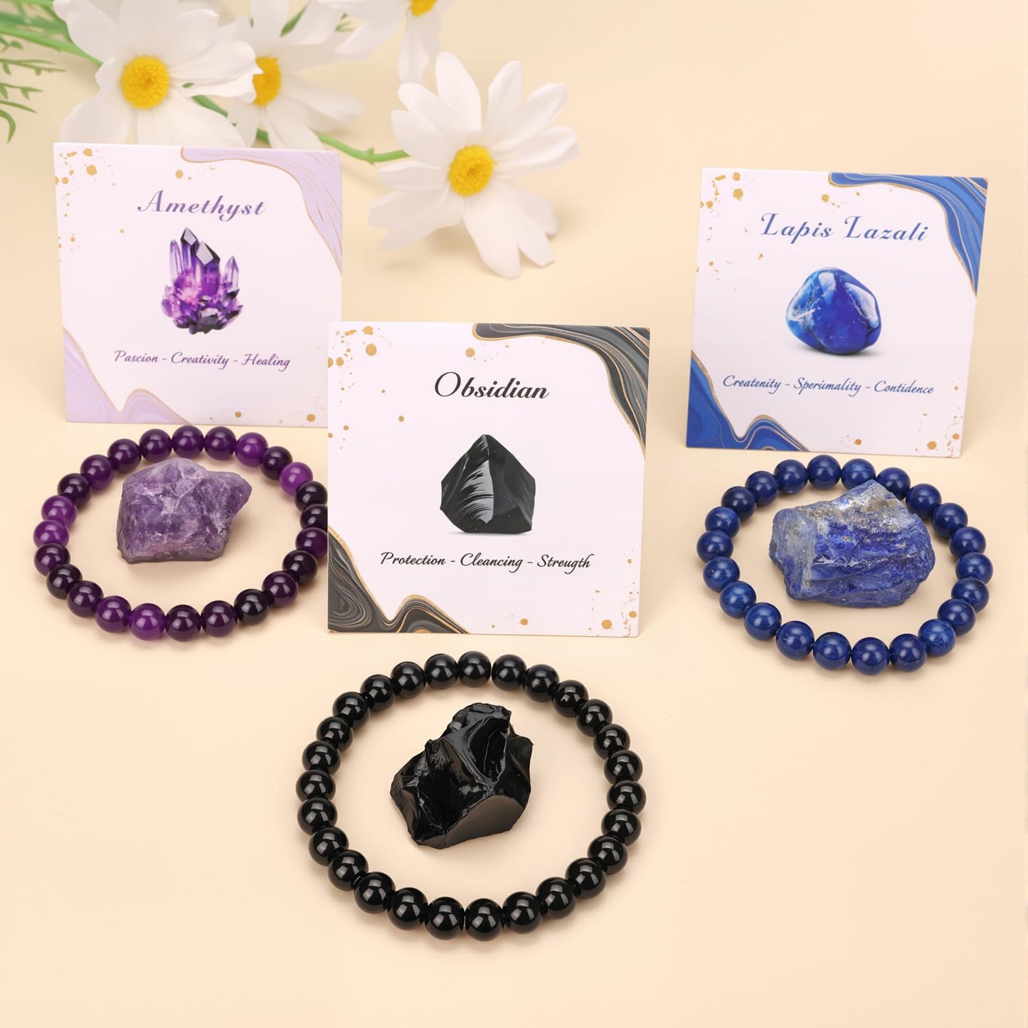 Pendlixy 3PCS Healing Crystal Bracelets for Women Men 8mm Amethyst Lapis Lazuli Obsidian Natural Stone Beaded Stretch Bracelet Handmade Gemstone Reiki Spiritual Jewelry Gifts