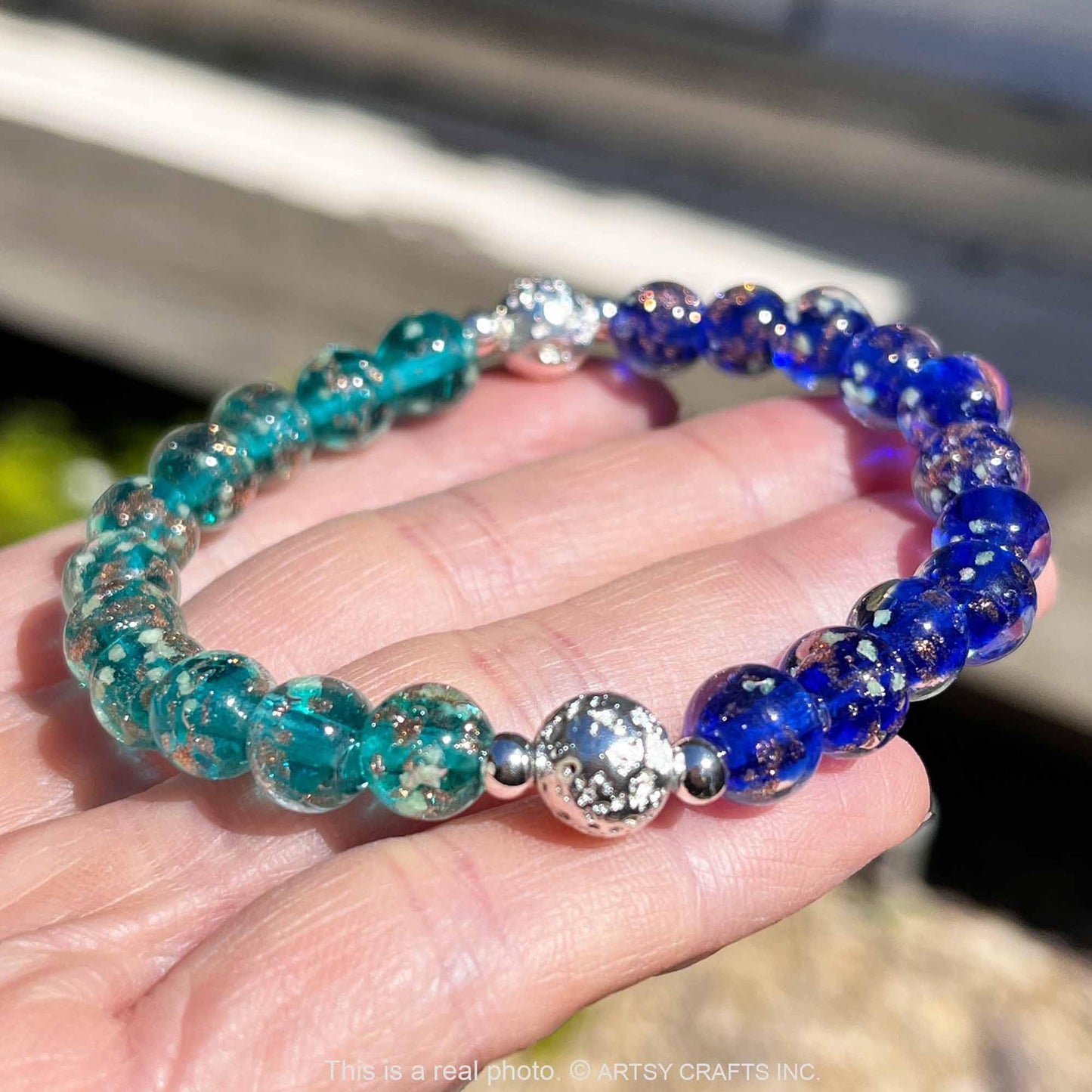 ARTSY Crafts Glow in The Dark Firefly Beads Bracelet, European Lampwork Luminous Beads Wristlet Anxiety Stress Relief Healing Crystal Chakra Bracelets for Women (Sapphire + Teal)