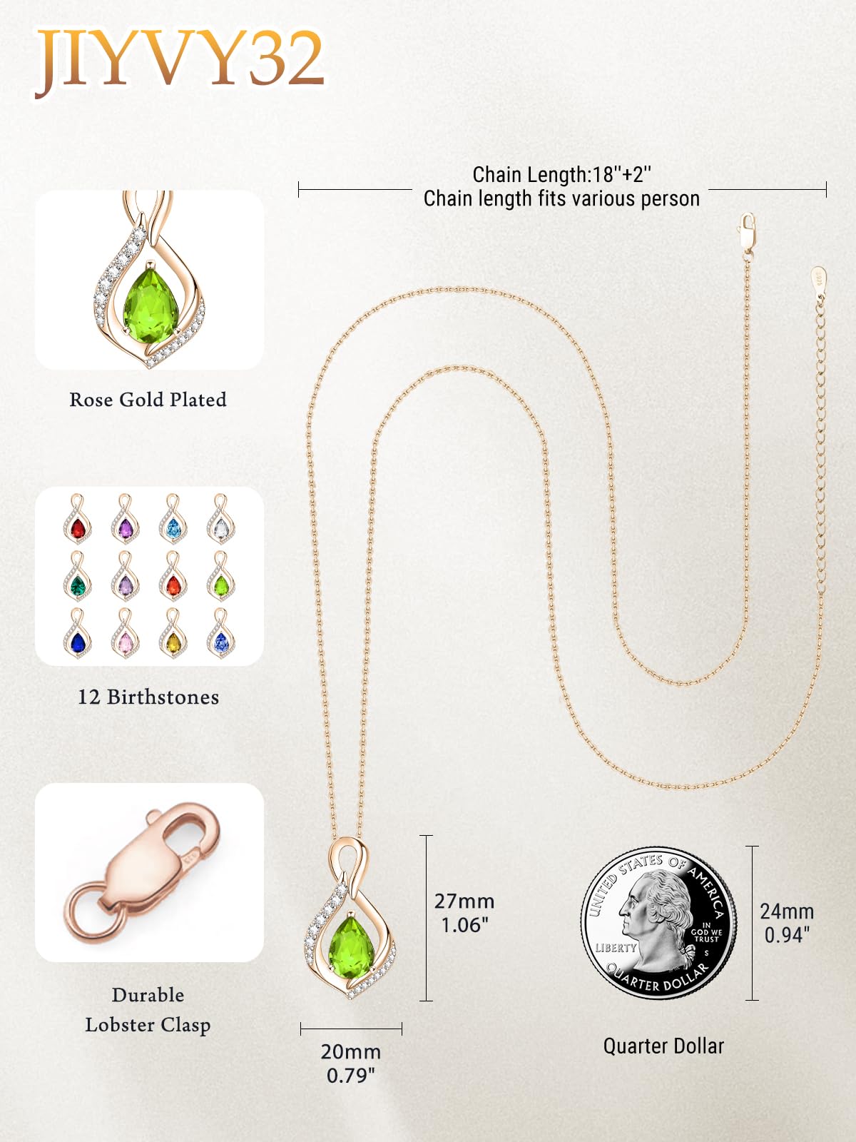 JIYVY32 Peridot Infinity Necklace for Women August Birthstone Necklaces Rose Gold Plating Anniversary Birthday Gifts for Wife Her Mom Girlfriend Birthstone Jewelry Gifts for Women