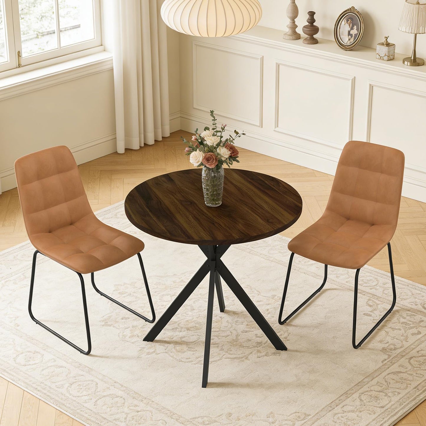 domusdisn 31.5" Round Dining Table Chairs Set for 2, Small Dining Table Chairs Set Space-Saving, Small Dinette Sets for 2 for Kitchen Dining Room Apartment(Walnut Table + Brown Chairs)