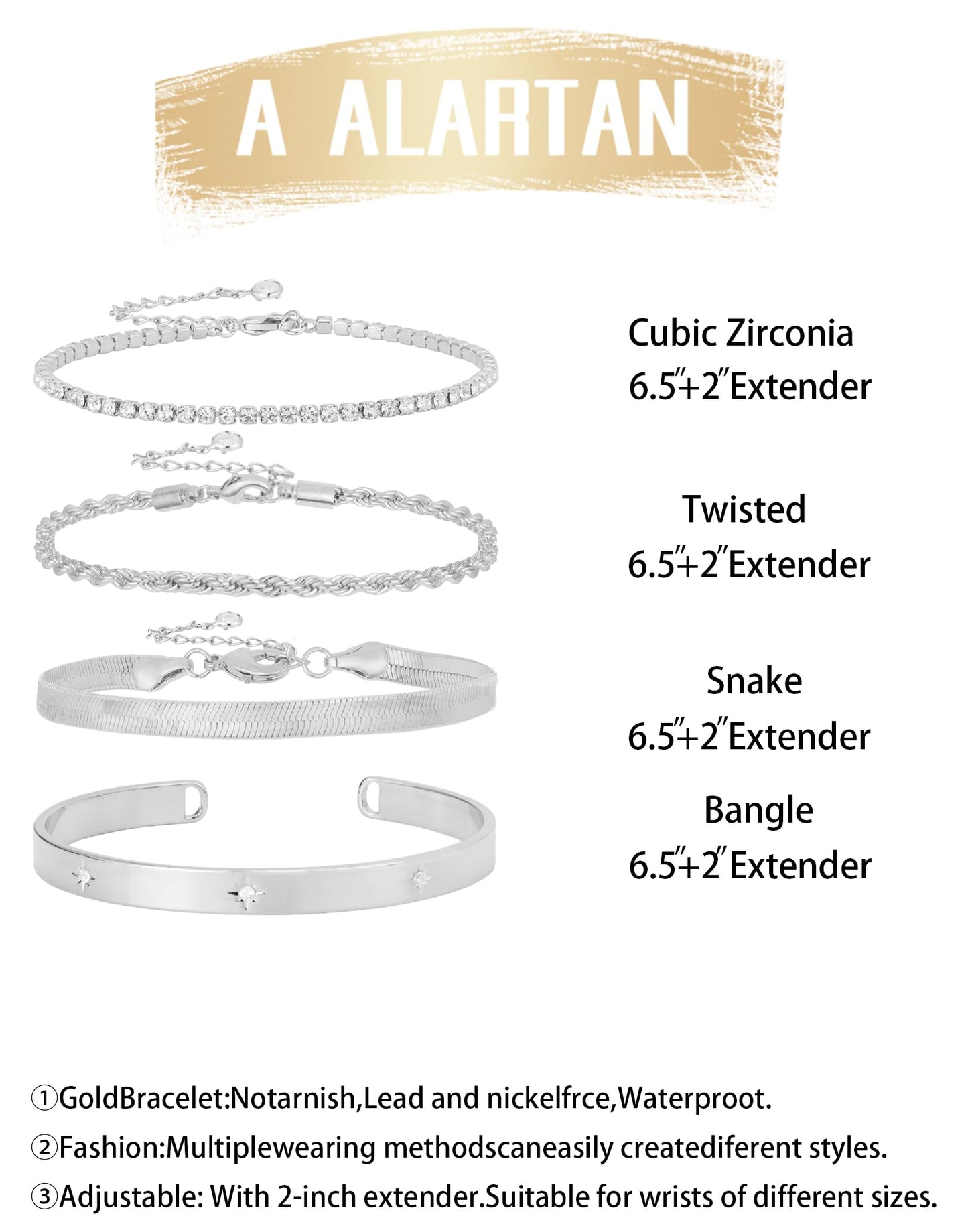 Gold Bracelets for Women 14K Gold Plated Stack Trend Bracelets Charm Paperclip Chain Cuban Link Layered Waterproof Bracelet Dainty Bracelet for Women Jewelry Gifts (Silver)