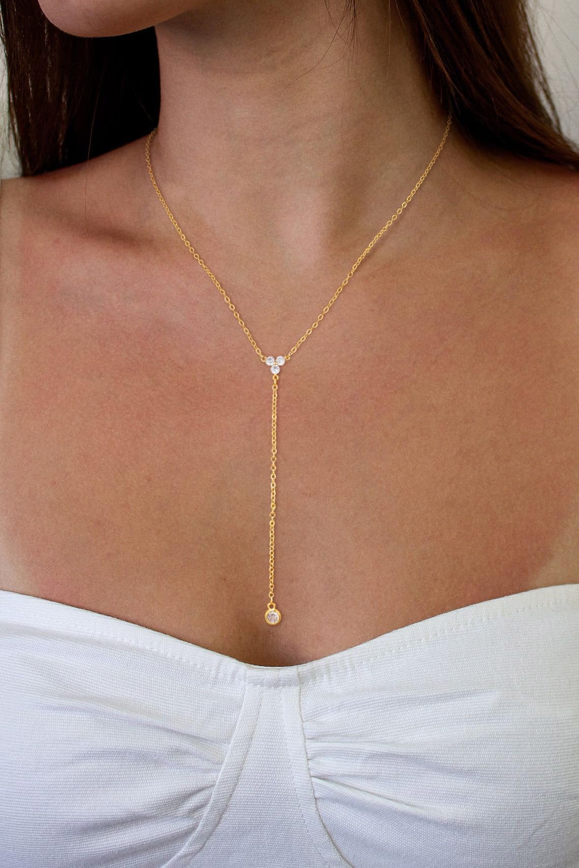 JIKASI Lariat Long Necklaces for Women Trendy Gold Layered Y-Shaped Necklace Dainty Drop Dangle Chain Simple CZ Necklaces Wedding Jewelry Gifts for Woman