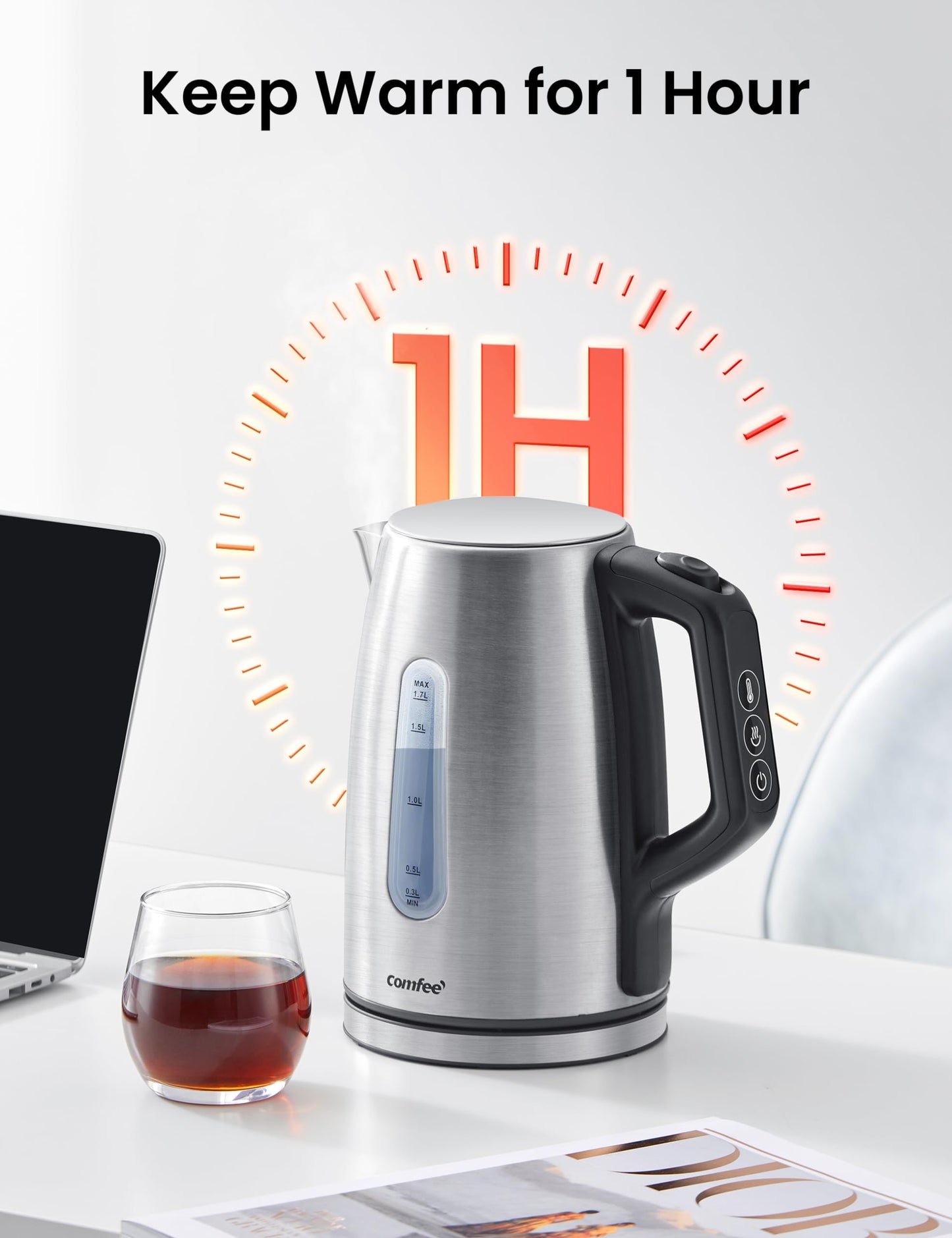 COMFEE' Stainless Steel Electric Kettle, Temperature Control with 6 Presets, 1-Hr Keep Warm, Kettle Water Boiler 1.7 Litres, 1500W with Viewing Window, Auto-Off and Boil-Dry Protection