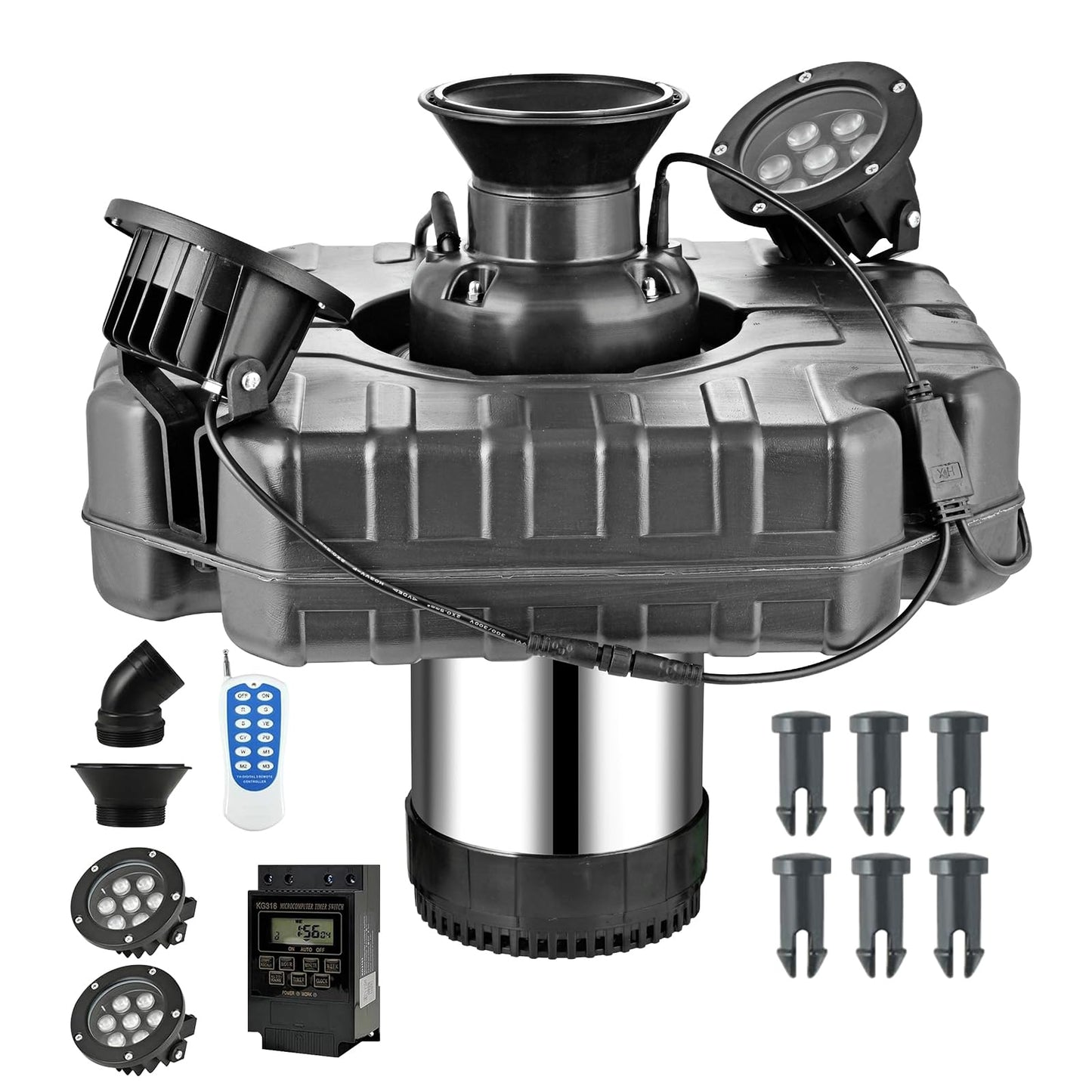 ShuDwrpu Premium LED Pond Fountain with RGB Lighting System, Stainless Steel Rotor, All-Copper Motor, Remote Control, Dynamic Color Changing, for Garden Ponds (Two Lights)