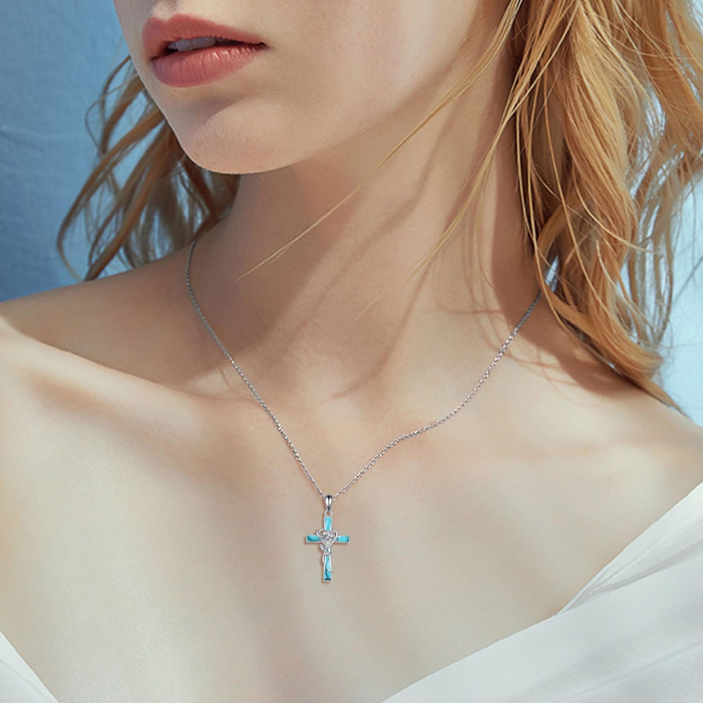 ONEFINITY Turquoise Cross Necklace 925 Sterling Silver Rose Flower Cross Pendant Turquoise Jewelry Gifts For Women