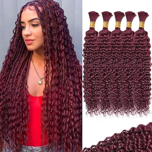 99J Burgundy Red Human Braiding Hair for Boho Braids 5 Bundles 20 Inch 160g 12A Deep Wave Braiding Hair for Bohemian Knotless Braids 100% Unprocessed Brazilian Virgin Bulk Hair Extensions No Weft