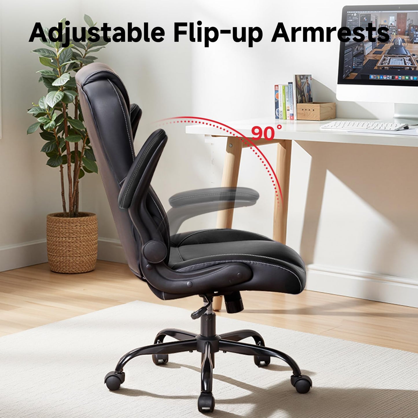 GTPLAYER Office Chair with Flip-Up Armrests, Ergonomic Desk Chair with Rocking Function, Adjustable Height, High-Density Foam Seat, Executive Computer Chair for Home Office (Black)