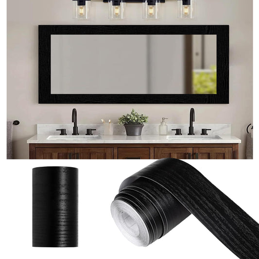 Alened 10M Black Wood Grain Mirror Frame Border Peel and Stick Wallpaper, Removable PVC Waterproof Bathroom Mirror Tape Sticker Trim, Kitchen Wallpaper Self Adhesive Decor Sticker 2" x 393"