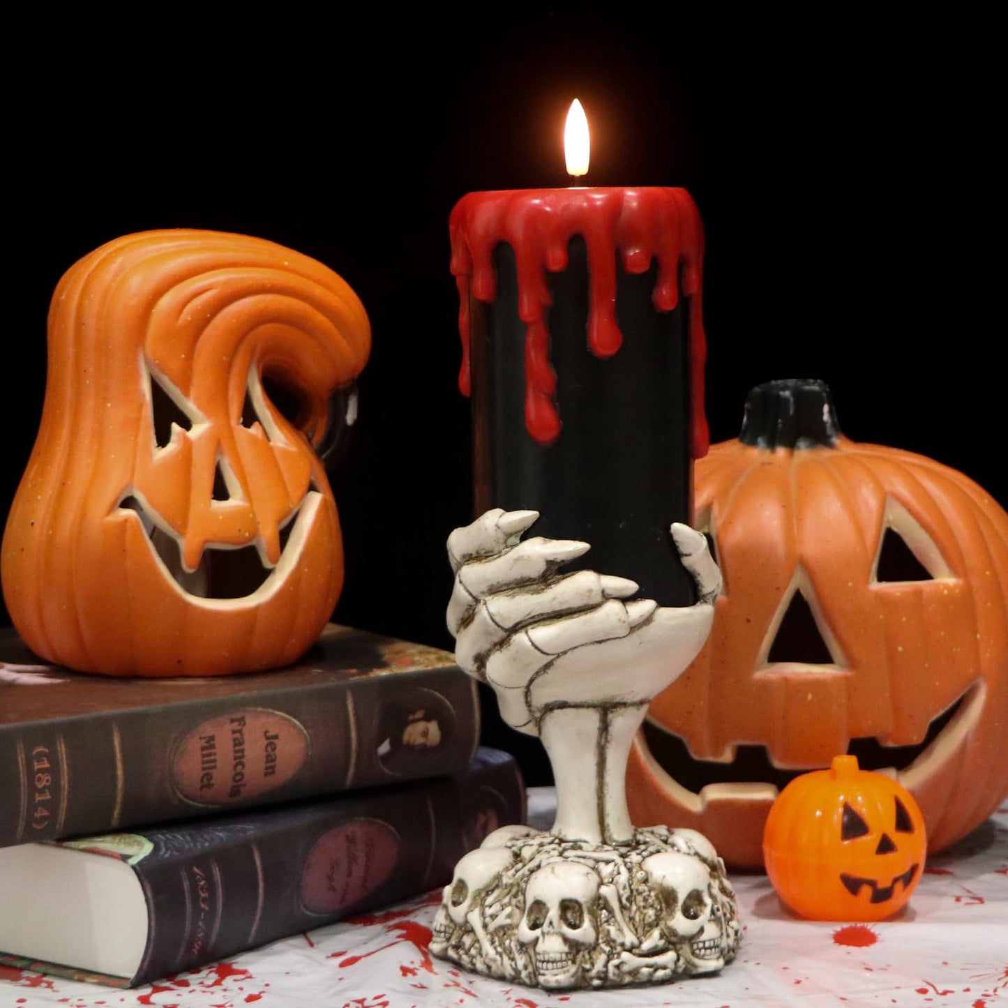 DRomance Black Flameless Flickering Candles with Timer, Blood Dripping Wax Effect Battery Operated LED Pillar Candle with Skeleton Hand Candle Holder Halloween Table Centerpiece Decor(4" x 11"")"