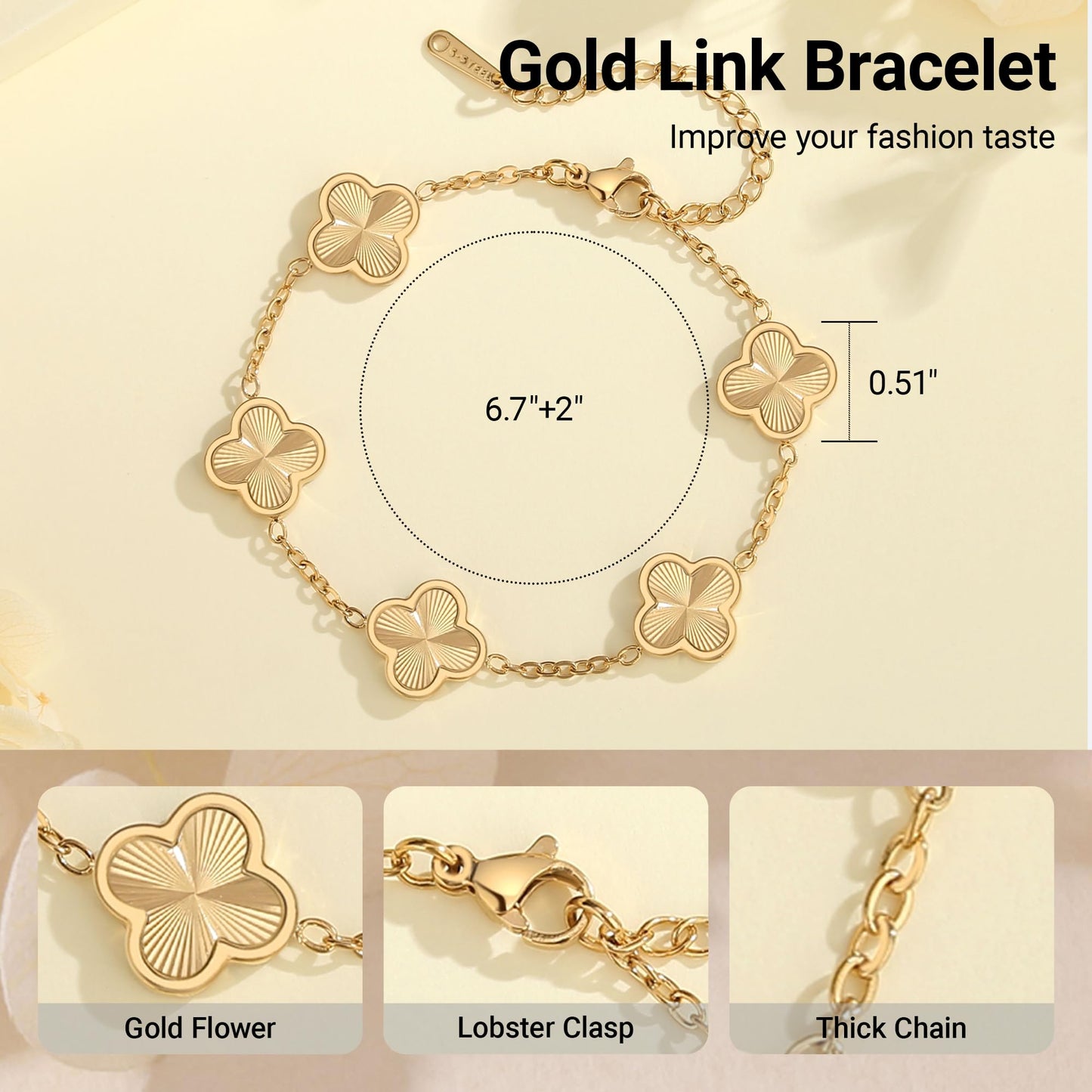 CORSMGSE 18K Gold Plated Clover Lucky Bracelet for Women Gold White Black Pink Green Red Blue Adjustable Double Sided Flower Four Leaf Link Bracelets Trendy Jewelry Gifts for Women Men (Gold)