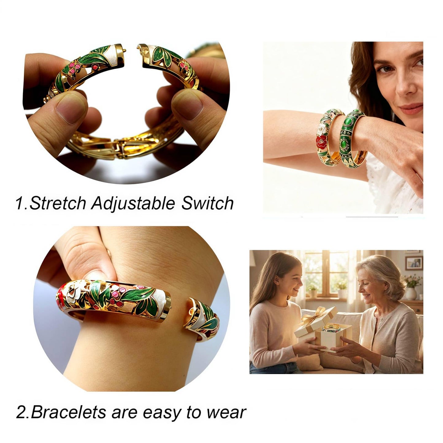 apenll Vintage jewelry bangle Green Enameled Bracelet with Gemstone Floral Gold Plated Bangle Jewelry Gifts for Mom BFF Daughter