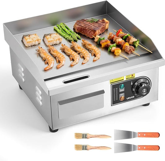VEVOR Commercial Electric Griddle, 13.98 x 11.81 inch, 1750W, 122-570°F Adjustable Temp Control, Stainless Steel Countertop Flat Top Grill with 2 Spatulas and 2 Brushes, for Steak, Pancake, Squid