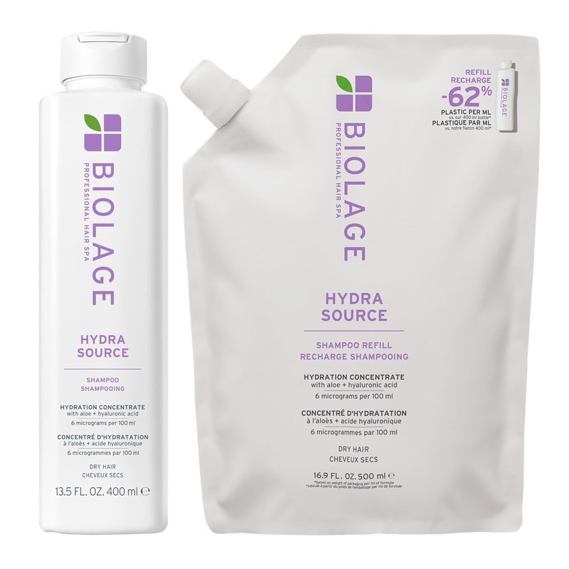 Biolage Hydra Source Shampoo and Refill Shampoo Set - Softens, Moisturizes & Adds Shine, For Dry Hair, Infused with Micro-Filtered Aloe Vera & Fermented Hyaluronic Acid, Vegan & Paraben-Free