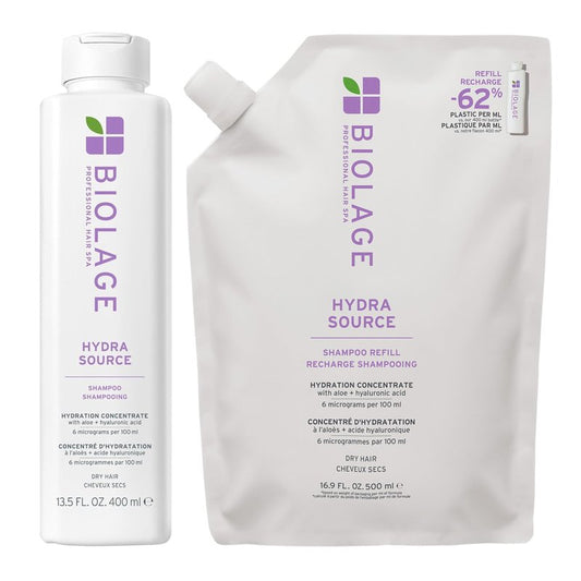 Biolage Hydra Source Shampoo and Refill Shampoo Set - Softens, Moisturizes & Adds Shine, For Dry Hair, Infused with Micro-Filtered Aloe Vera & Fermented Hyaluronic Acid, Vegan & Paraben-Free