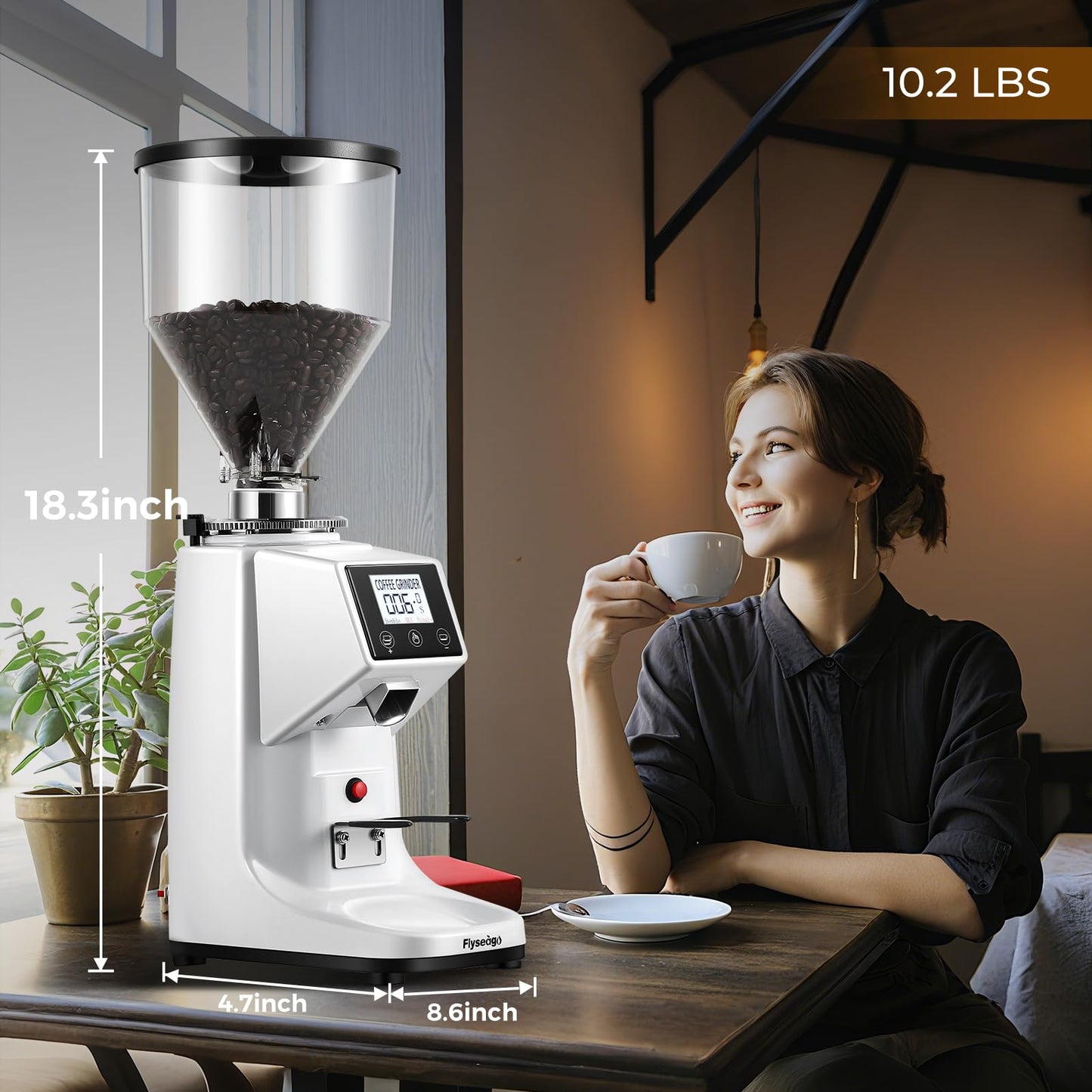 Flyseago Commercial Coffee Grinder Electric Flat Burr Coffee Bean Grinder with 19 Settings Touch Screen Espresso Machine with Large 35oz Hopper, White