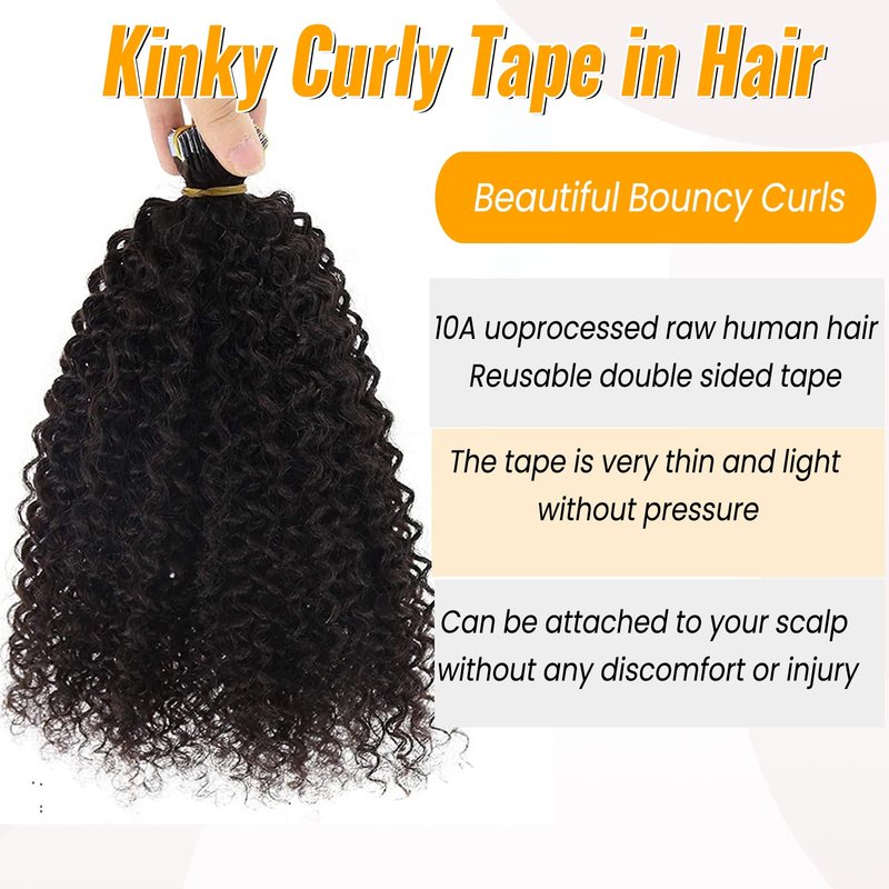 Curly Tape ins 20 pcs Kinky Curly Tape in Hair Extensions Human Hair Natrual Black for Women 18 Inch 50G