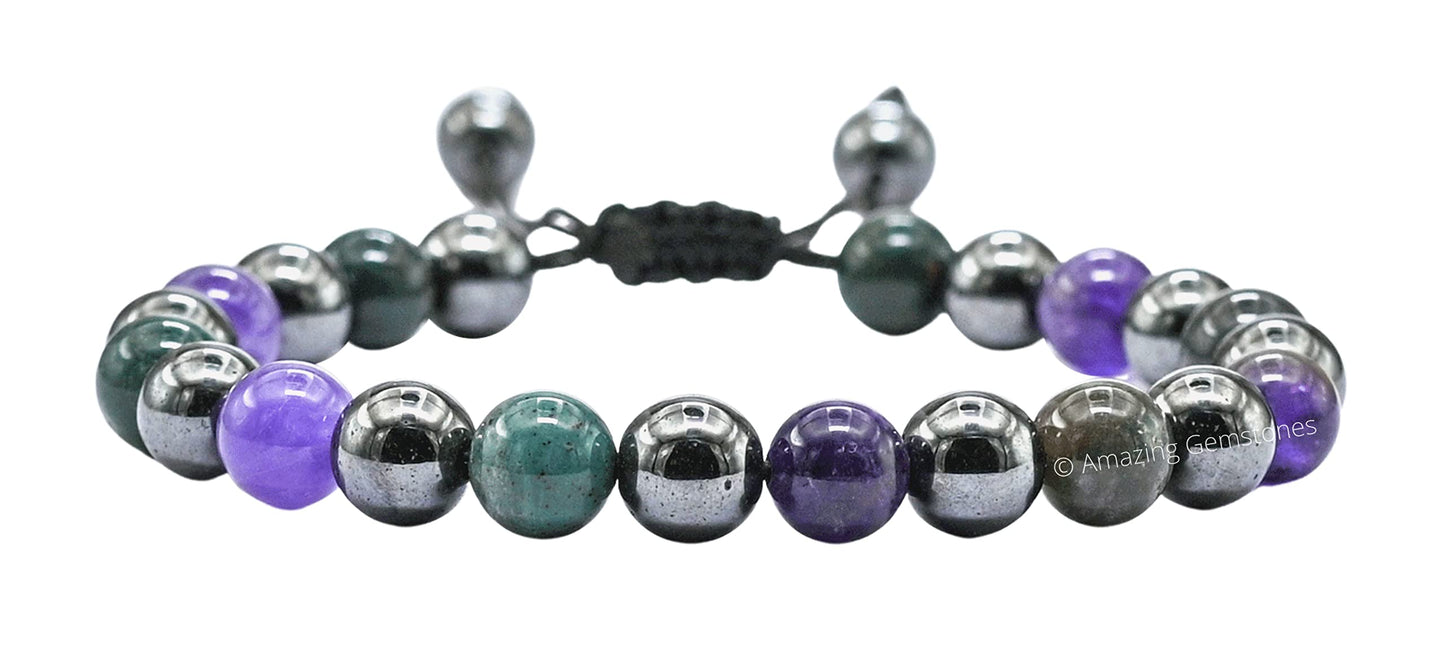 Amazing Gemstone Blood Pressure Control Bracelet - Bloodstone Amethyst Hematite Bracelet Set for Healing Calming Anxiety Stress Relief Gifts Pulseras Para Hombres Mujer Stocking Stuffers (Adjustable)