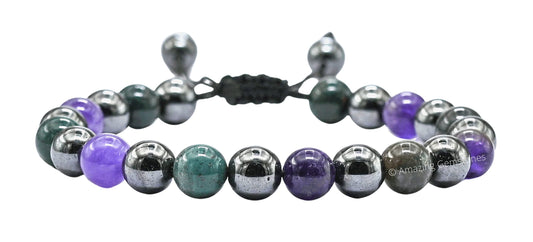 Amazing Gemstone Blood Pressure Control Bracelet - Bloodstone Amethyst Hematite Bracelet Set for Healing Calming Anxiety Stress Relief Gifts Pulseras Para Hombres Mujer Stocking Stuffers (Adjustable)