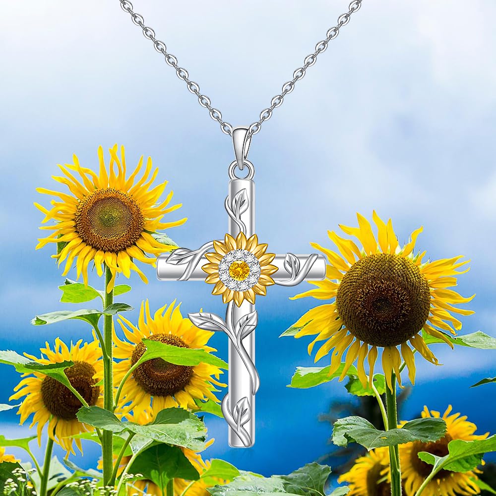 Fenthring 18k Gold Plated Sunflower Necklaces for Women, Sunflower Cross Necklace 925 Sterling Silver Sunshine Pendant Mom Jewelry Christmas Gifts for Women