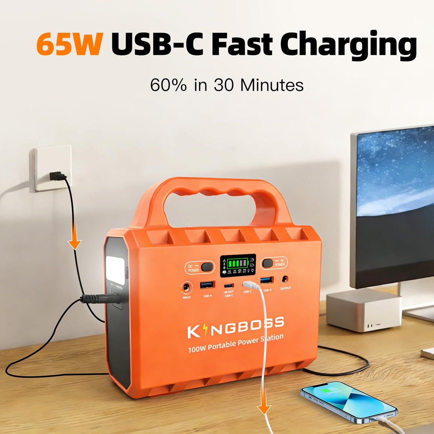 KINGBOSS 100W Portable Power Station, 96Wh LiFePO4 Battery Small Generator Ultra-Light, 65W Fast Charging 3000+ Cycles Solar Power Bank AC/DC/USB-C/A Outputs for Camping Home Backup Outdoor