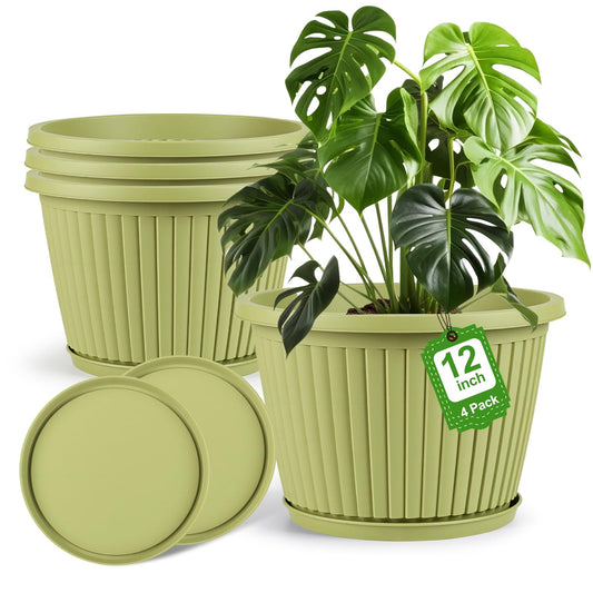 12-inch-Planters-for-Outdoor-Plant，Plastic Indoor Flower Pots with Drainage Holes & Saucer，4 Packs Decorative Garden Pots for Plantfor Home Porch Decor