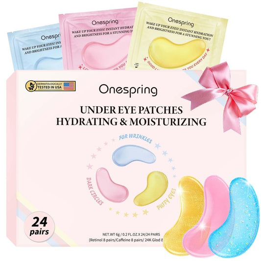 Onespring Eye Masks (24 Pairs) - Gift for Her - Caffeine, 24K Gold and Retinol Under Eye Patches for Puffy Eyes, Dark Circles & Fine Lines, Bachelorette Party Favors, Bridesmaid Gift