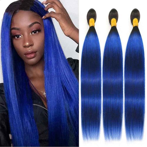 Habiliana Bundles Human Hair 20 22 24 Inch Straight T1B Blue Human Hair Bundles 11A Unprocessed Brazilian Virgin Quick Weave Hair Extensions for Black Women