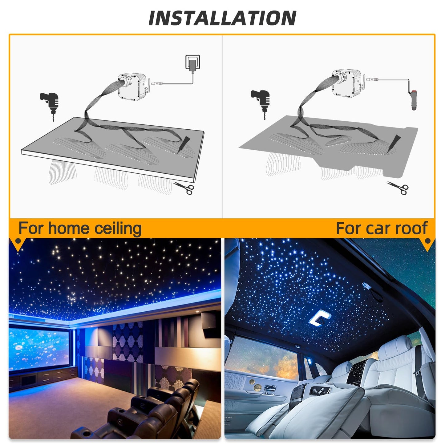 SUNKENET 32W Twinkle Starlight Headliner Kit, 800pcs*0.03in*13.1ft LED Fiber Optic Lights Kit, Star Ceiling Light+10 Crystals+Adapter+Cigarette Lighter for Car Roof/Home with APP/Remote/Music Mode