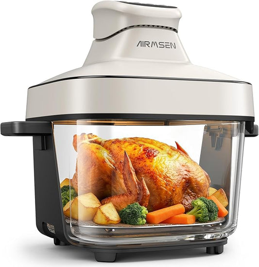 AIRMSEN 6.3 QT Glass Air Fryer Non-Toxic, 4 Presets & Manual Control, 105–400℉ Precise Heat, 95% Less Oil, Auto-Pause & Resume, Microwave & Dishwasher Safe Glass Container for Family Meals