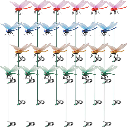 24Pack Dragonfly Clip,Fake Dragonflies, Humming Bird Stakes Fake, Plastics Dragonfly for Garden Stakes Decor Yard Ornaments for Hat,Deer and Horse,Fly Scare Devices for Indoor Outdoor (24pack)