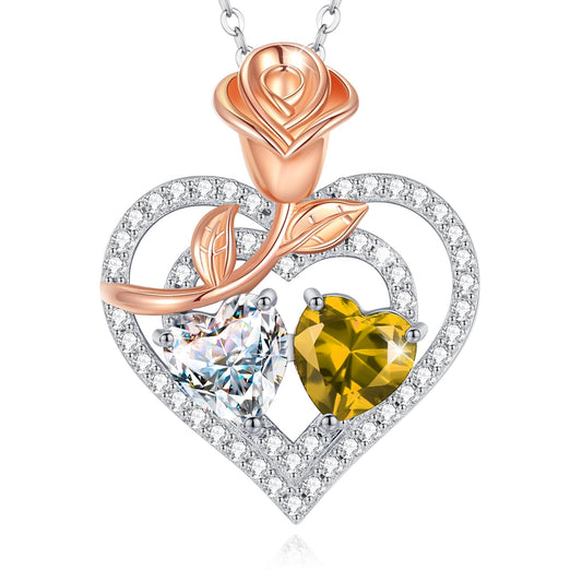 AGVANA April November Birthstone Jewelry CZ Citrine Necklace Sterling Silver Rose Flower Heart Double Birthstone Pendant Necklace Anniversary Birthday Gifts for Women Mom Wife Lady Her