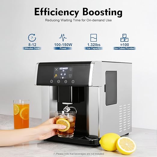 2-in-1 Ice Makers Countertop, Chewable Pellet Ice Machine with Self-Cleanin Function, 33lbs/24H Portable Ice Makers for Home Kitchen Officce, Silver+Black