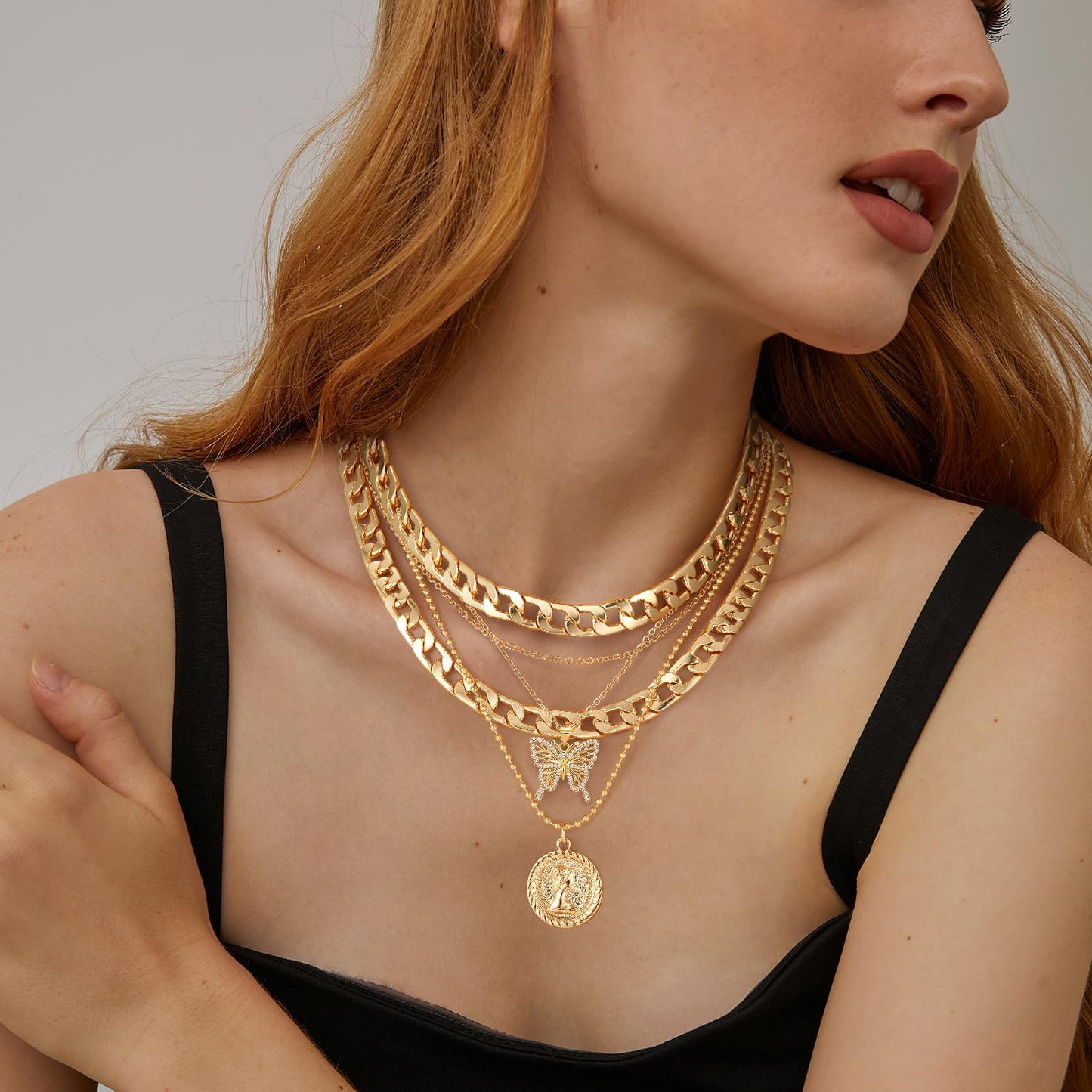 MJartoria Gold Layered Necklaces for Women Trendy Retro Coin Pendant Necklace Dainty Chunky Chain Choker Necklaces for Jewelry Birthday Gifts (Gold, A-X-Hollow Butterfly-5 in 1 Layered)