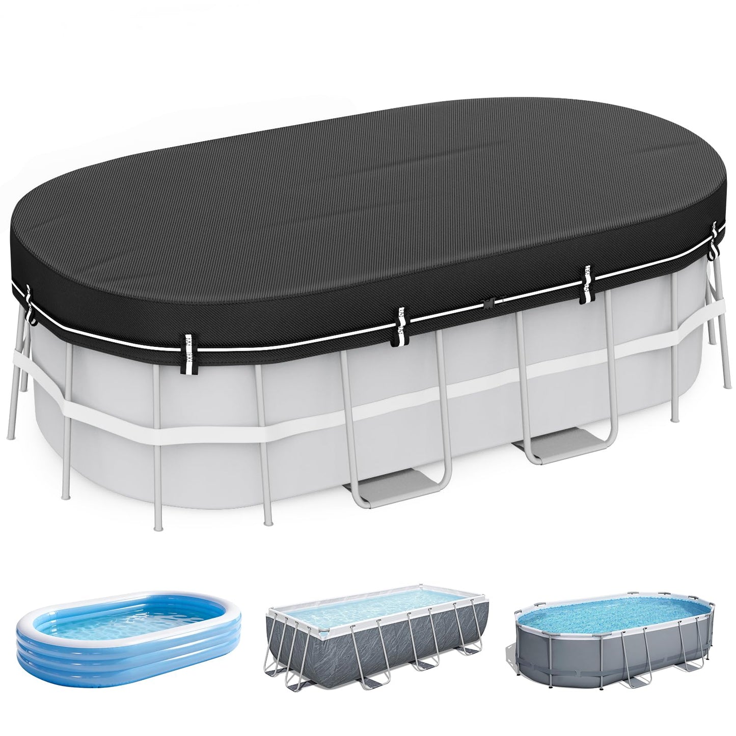 LXKCKJ 7X10 FT Rectangular Pool Covers for Above Ground Pools, 420D Solar Oval Pool Cover with Accessories Set, Integrated Design Pool Tarpaulin Ideal for Waterproof, Dustproof, Windproof