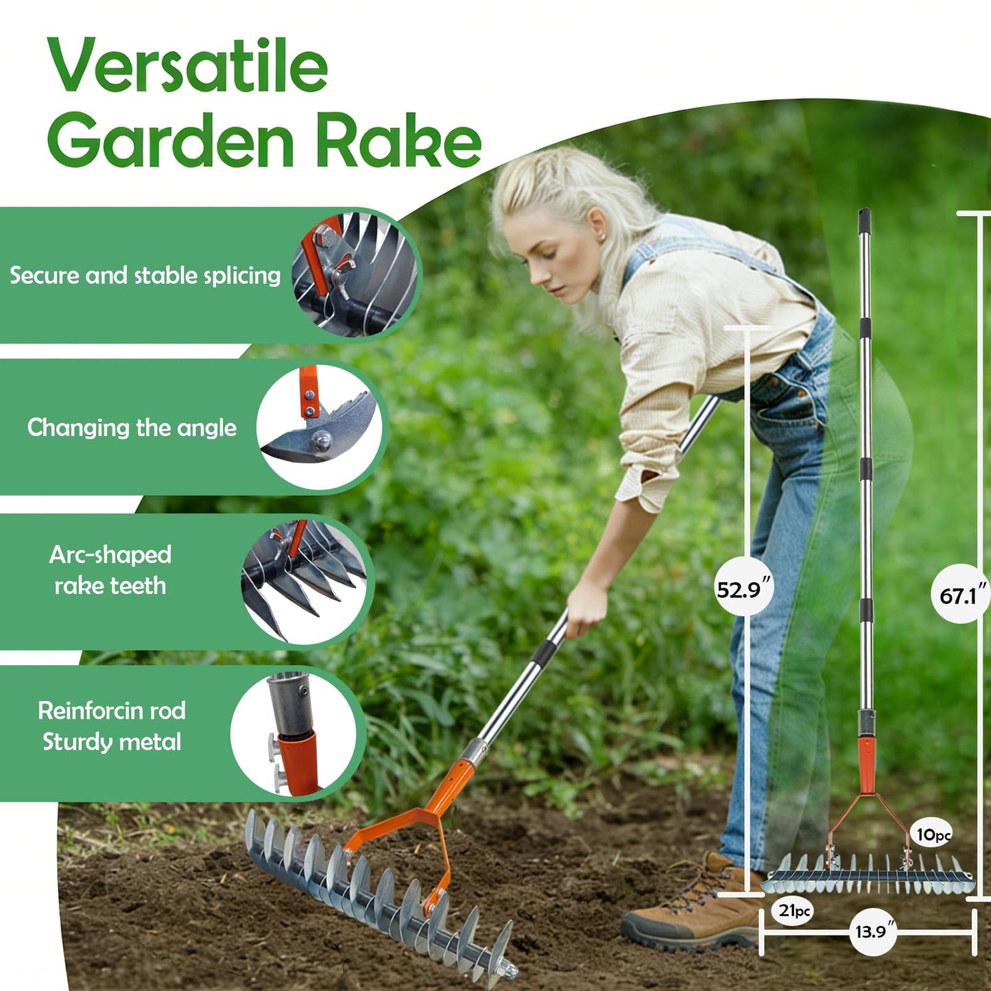 Garden Weed pullerToo,Heavy Duty 12" Multi Flat ShovelScraper, 14" Steel Thatch Rake with Adjustable Long Handle forLeaf & Moss& Edging & Ice & Snow Removal in Lawn, DrivewaysPatios, Cracks
