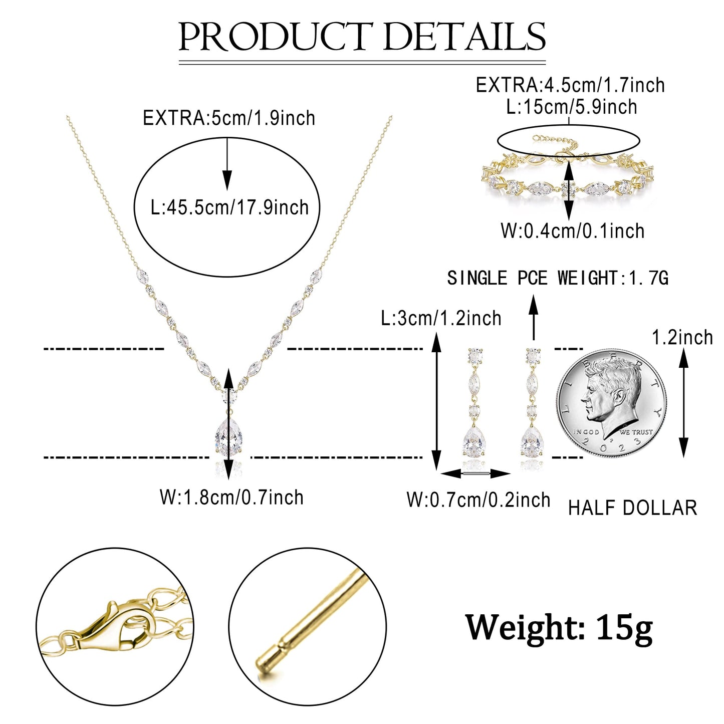 EVER FAITH Sparkly Cubic Zirconia Bridal Jewelry for Bride Bridesmaid, Elegant 14K Gold Plated Teardrop Wedding Prom Necklace Earrings Bracelet Set for Women