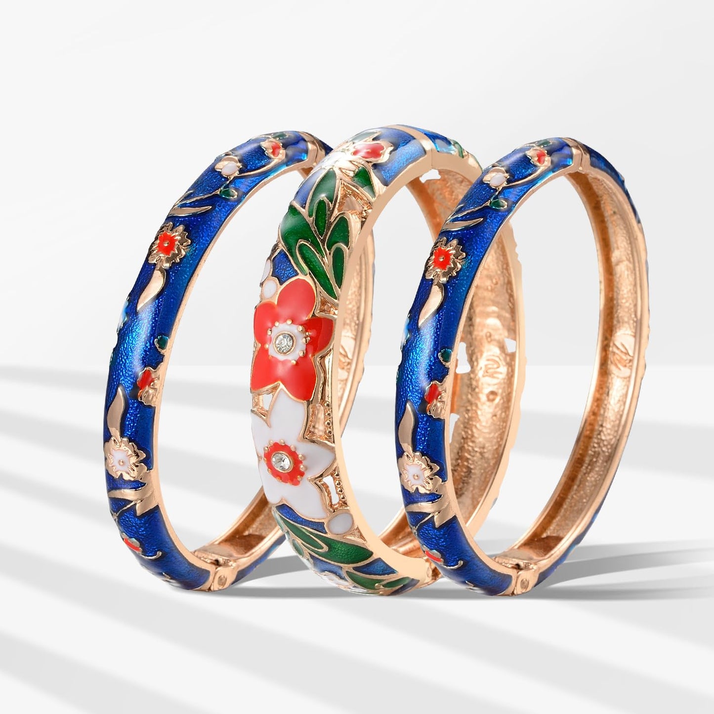UJOY Fashion Cloisonne Bangle Jewelry Hollowed Rose Handmade Enamel Gifts Cuff Open Bracelet Bangles for Women Gilrs 88A11-3pcs Navy Blue