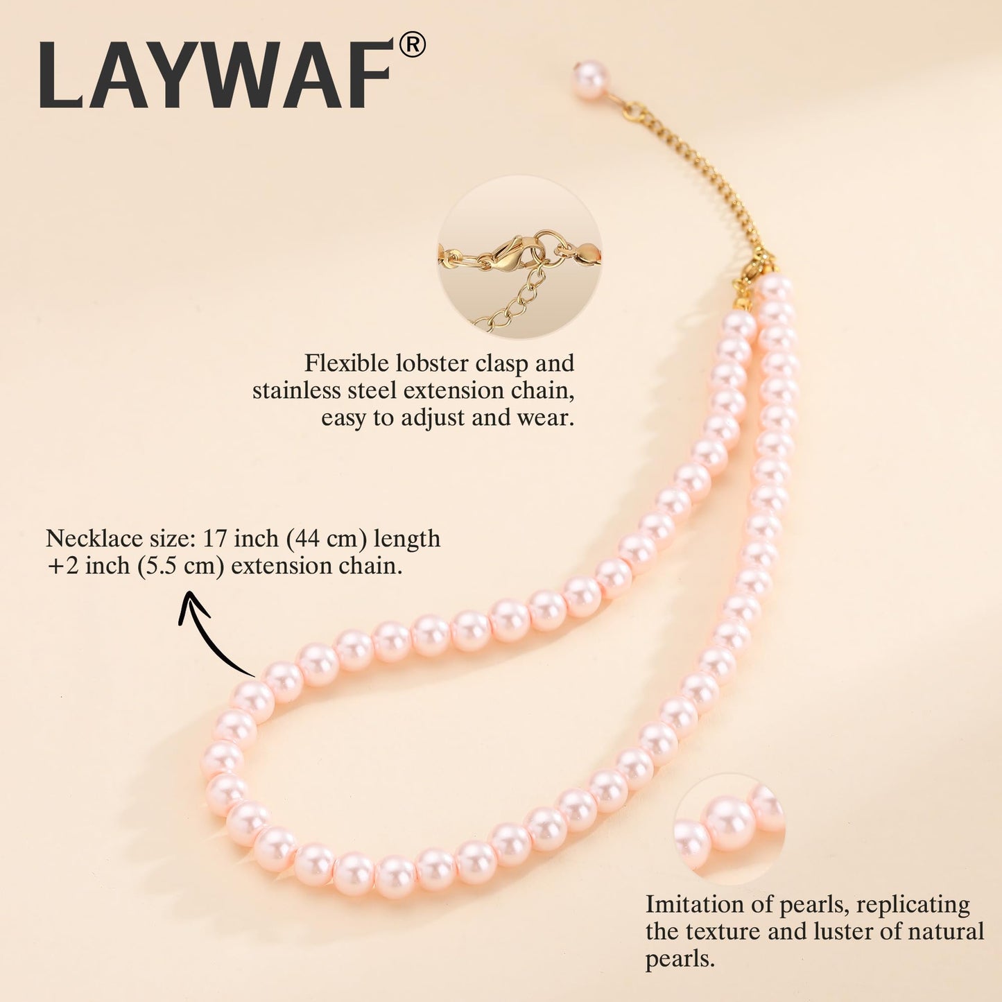 LAYWAF Imitation Pearl Pink Choker Necklace for Women, 8MM Beaded Necklace, Fake Pearl Mom Necklace, Simple Dainty Faux Pearl Necklace for Wedding Bride Bridal