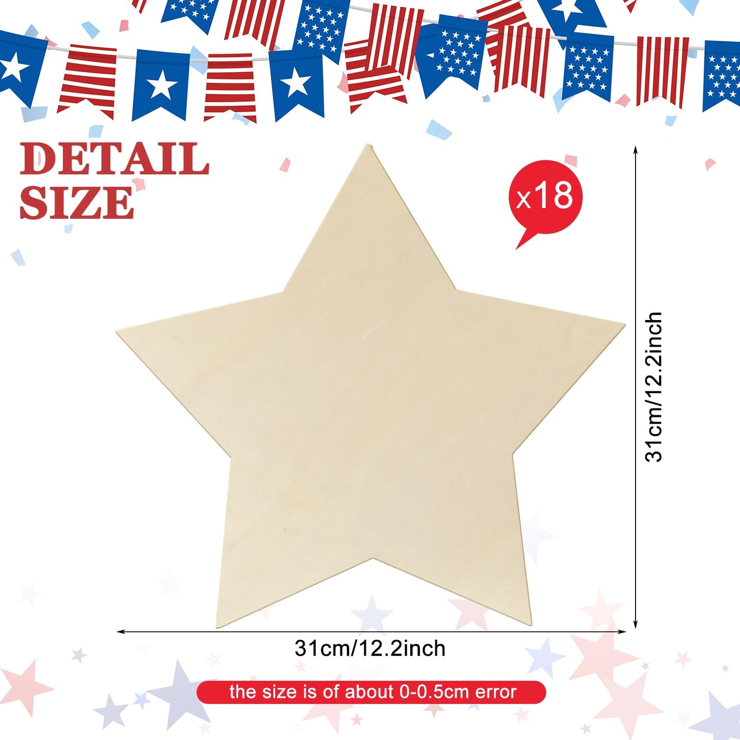 Anglechic 18 Pcs 12 Inch Wooden Star 4th of July Ornaments to Paint Wooden Stars for Crafts Unfinished DIY Blank Wood Slice for Patriotic American Flag Table Decoration