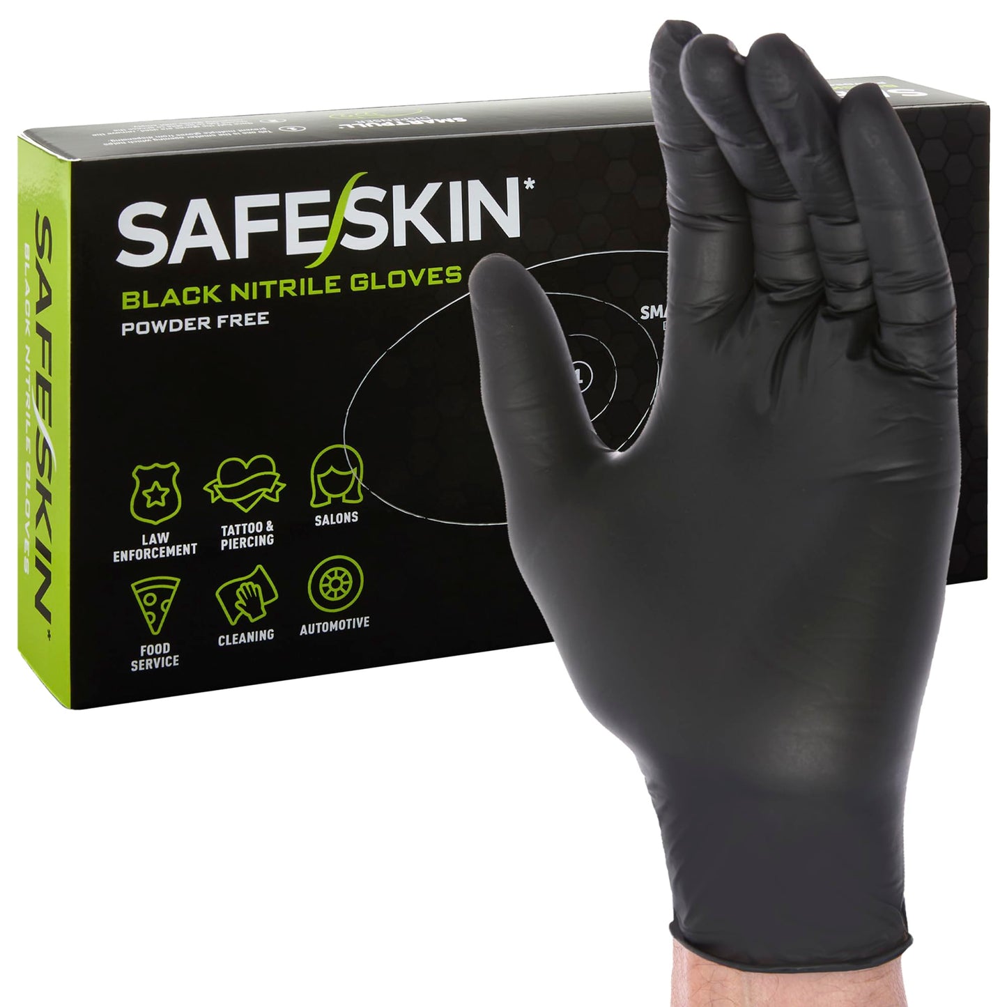 SAFESKIN Black Nitrile Disposable Gloves Powder Free Latex Free Tattoo, Food Prep, Auto Salons, Cleaning, Law Enforcement, 3.5 mil, Size Medium, Box of 100