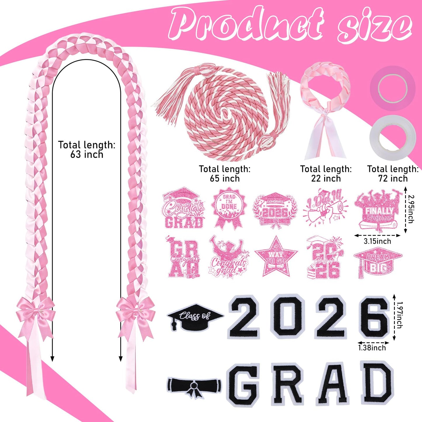 Hamdwerk Candy Leis for Graduation 2026, 36Pcs Graduation Leis Class of 2026, Graduate Ribbon Lei Making Kits with Honor Cord Patches Cards, Pink White Double Lei Necklace Decorations Graduation Gift