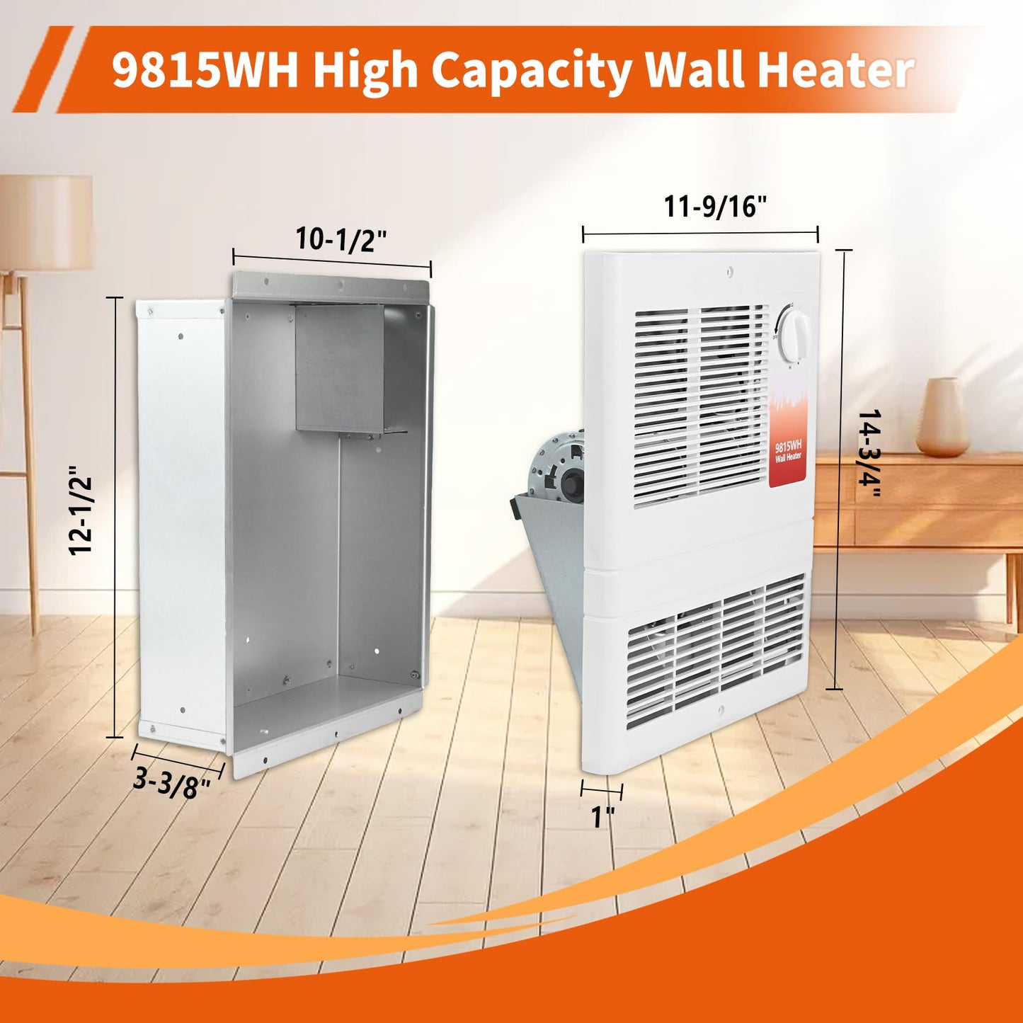 9815WH High Capacity Wall Heater with Built-In Adjustable Thermostat and Silent Motor, 1500W Large Capacity Electric Wall Heater for Bathroom, Bedroom, Living Rooms, Overheat Protection, 120/240V
