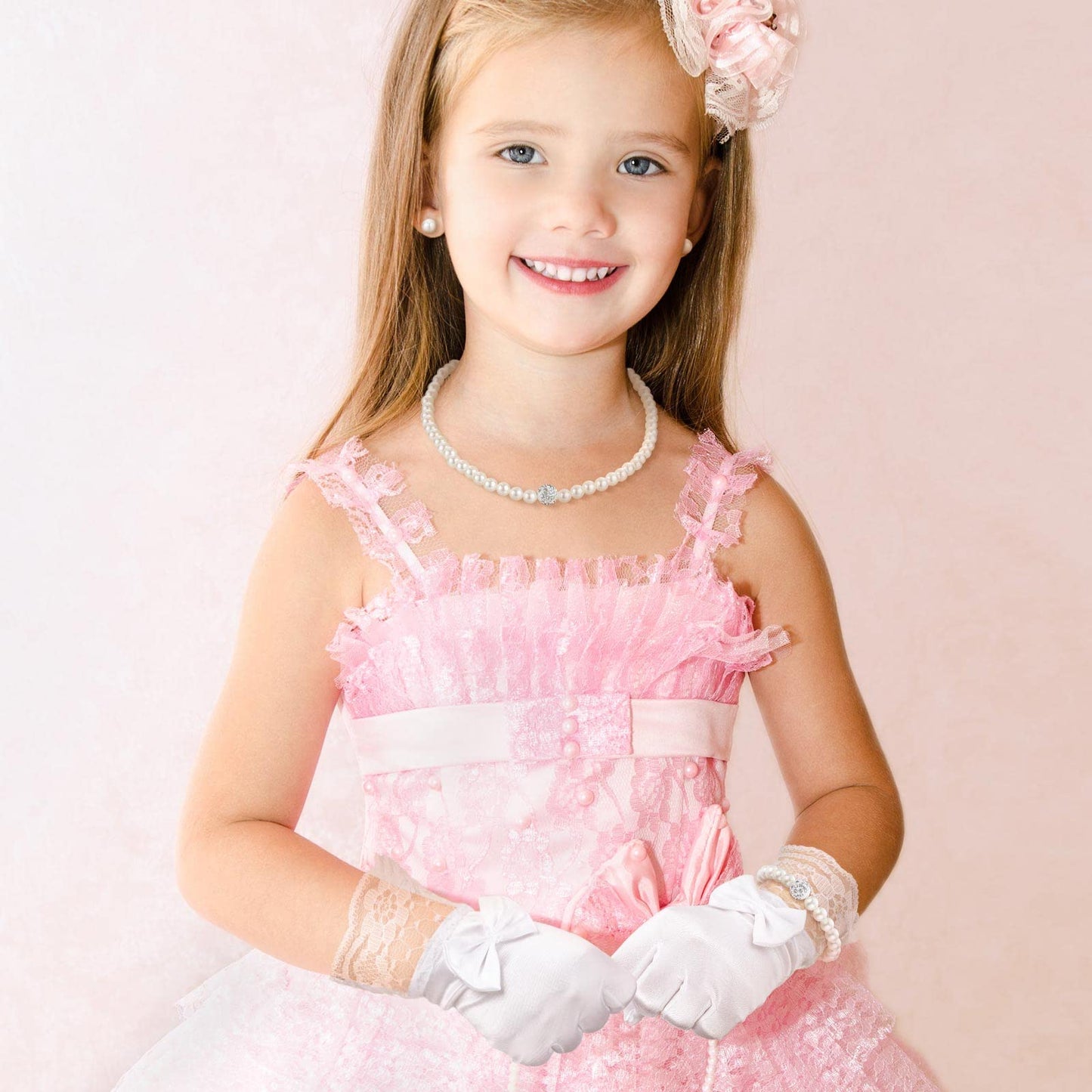 Geyoga 4 Pcs Pearl Necklace Set for Little Girls Toddler Girls Jewelry Communion Gloves for Kids Christmas Tea Party Wedding(Elegant Style,8-12 Years)