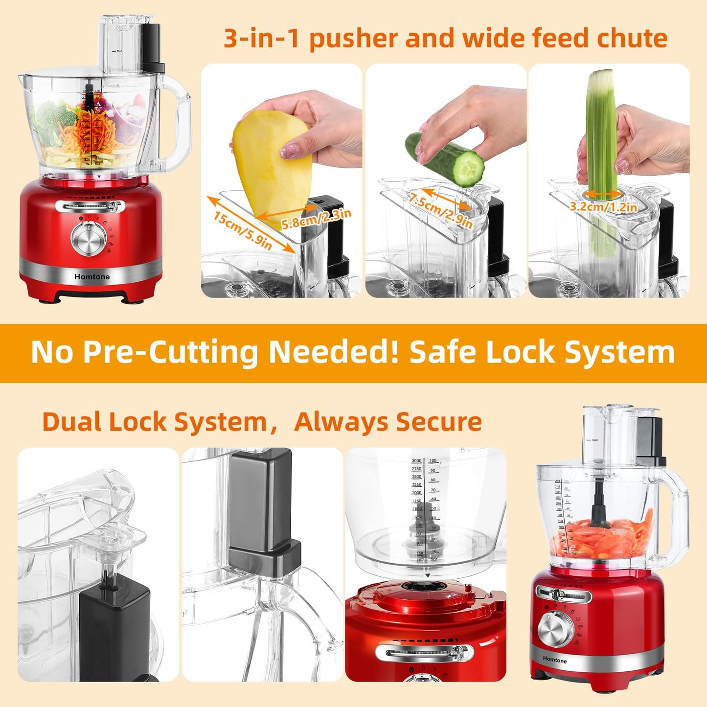 Homtone 16 Cup Food Processor, 6 Preset Modes& Stepless Speed Control for Dough Kneading, Meat Chopping, Slicing, Shredding, French Fries Potato Cuting, Cheese Grating& Whipping Cream, 650W, Red